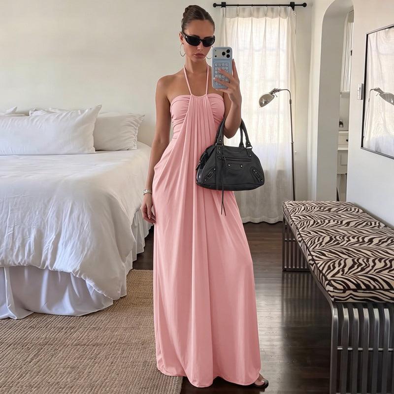 Women's Sexy Summer Solid Color Halter-Neck Lace-Up Backless Dress