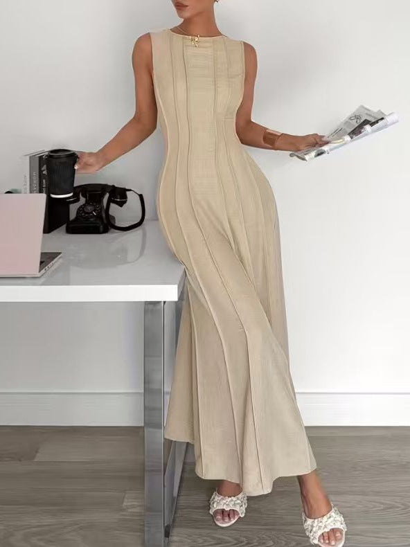 Women's Casual Summer Solid Color Sleeveless Pleated Dress