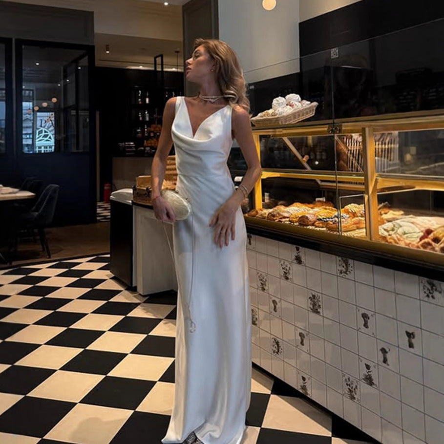Women's Elegant Solid Color Satin Swing Collar Dress