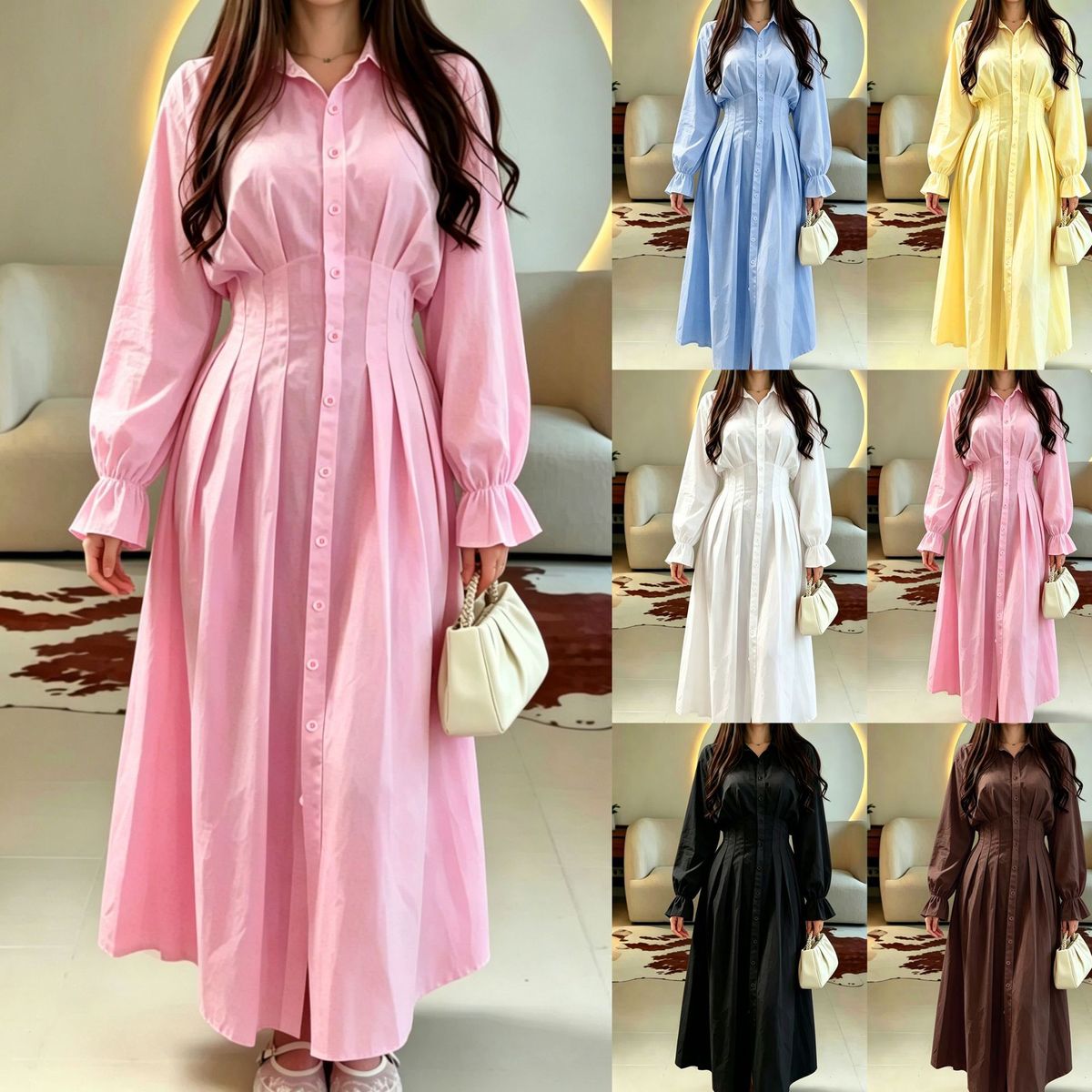 Women's Casual Solid Color Long Sleeve Lapel Single Breasted Office Maxi Dress