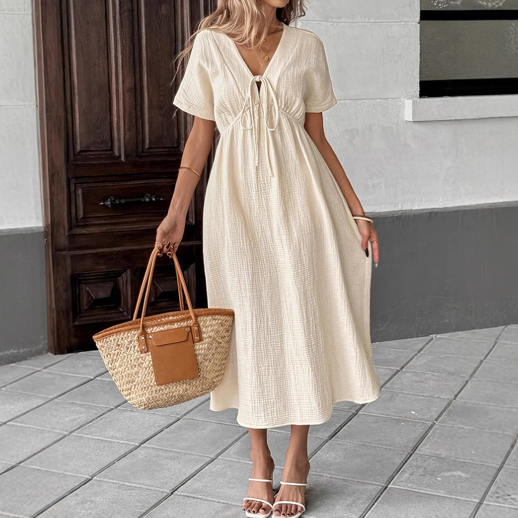 Women's Casual Boho Vacation Solid Color Deep V-Neck Short Sleeve Loose Dress