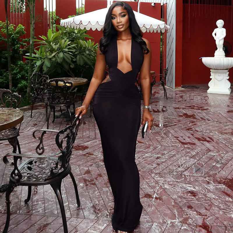 Women's Solid Color Deep V-Neck Backless Lace-Up Pleated Slim-Fit Maxi Dress