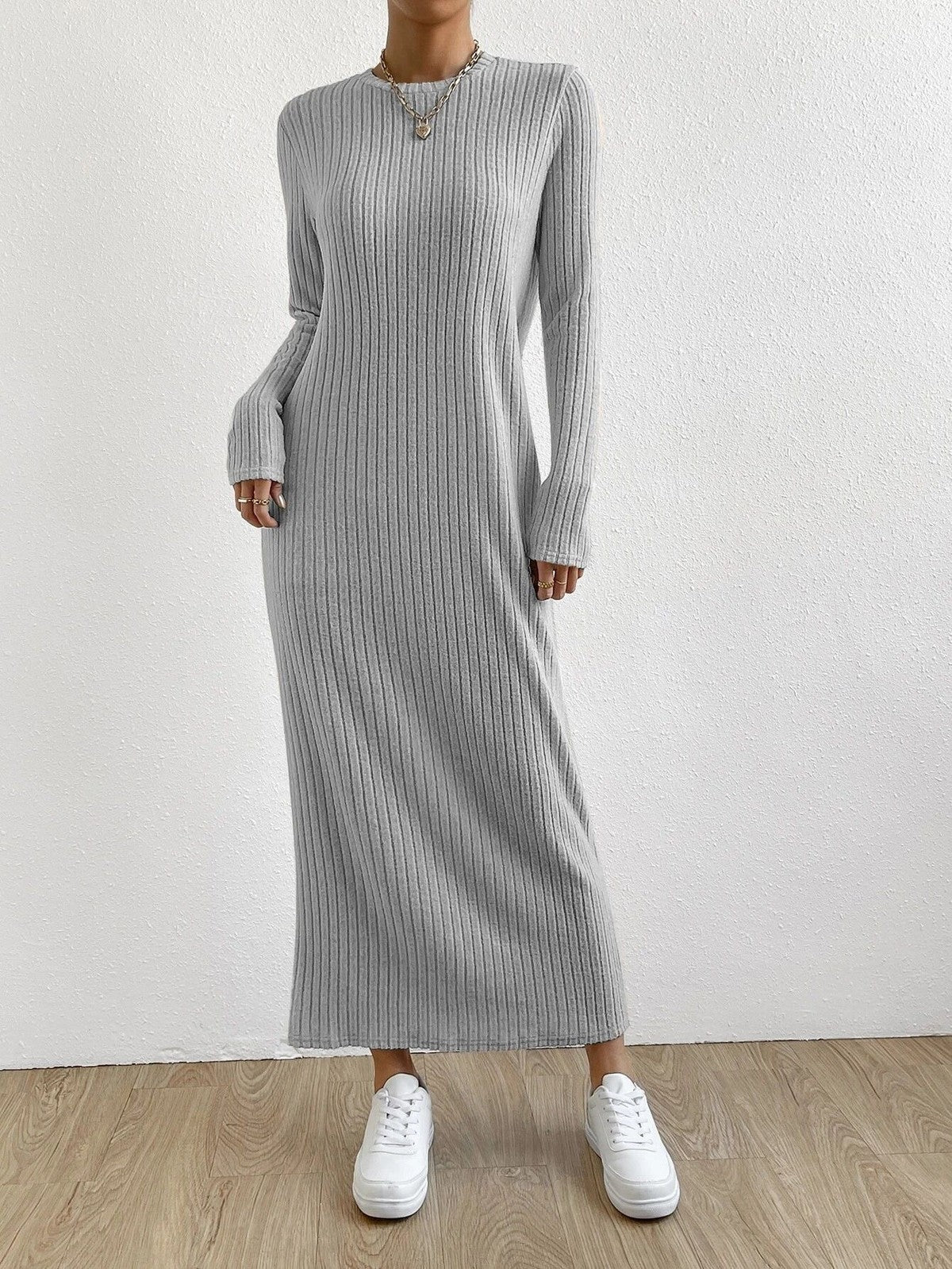 Women's Casual Autumn Winter Solid Color Round Neck Long Sleeve Maxi Dress