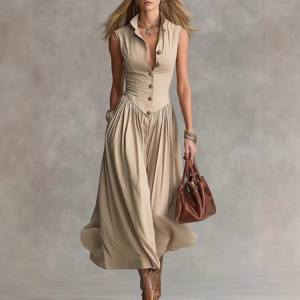 Women's Elegant Spring Solid Color Lapel Sleeveless A-Line Dress
