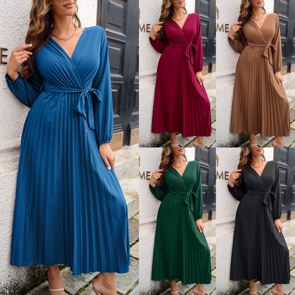 Women's Elegant Chiffon Pleated Maxi Dress, with V-Neck