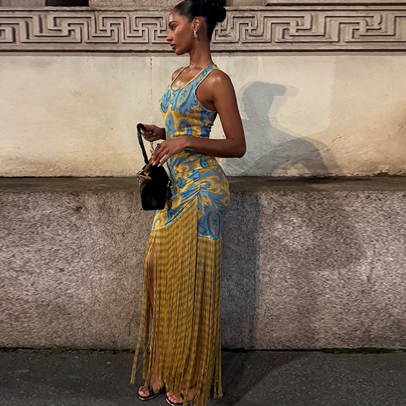 Women's Summer Elegant Print Fringe Maxi Dress