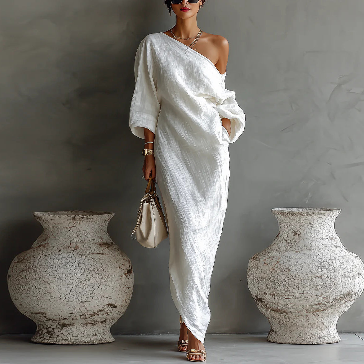 Spring and Summer Casual Women Long Sleeve Slanted Shoulder Maxi Dress