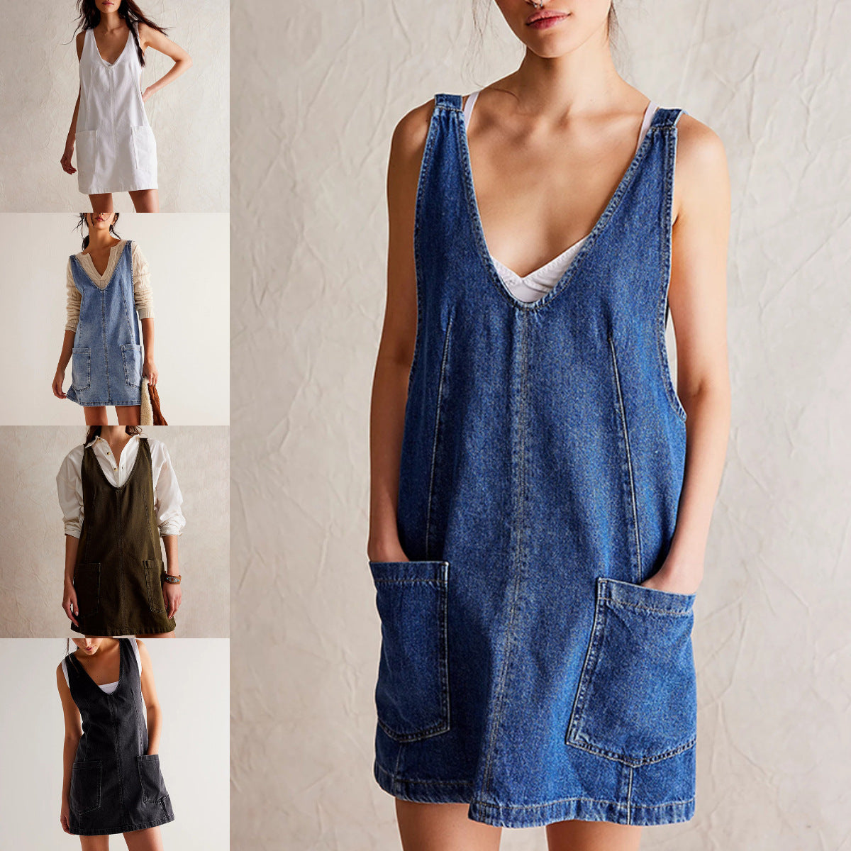 Women's Summer Casual Denim Strap Pocket Adjustable Loose Dress