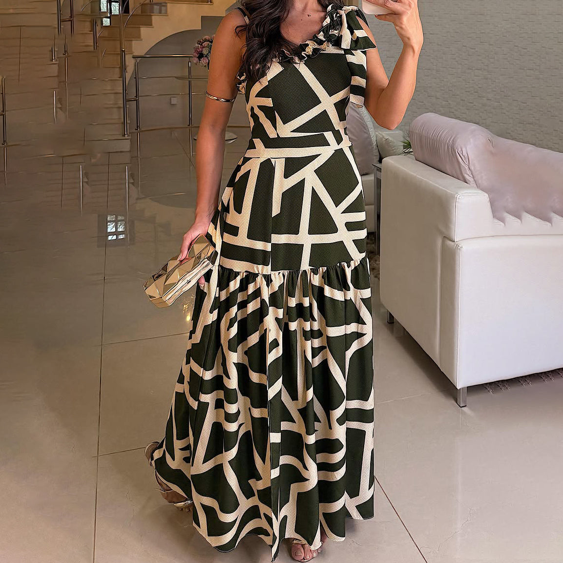 Women's Casual Summer Printed One-Shoulder Sleeveless Dress