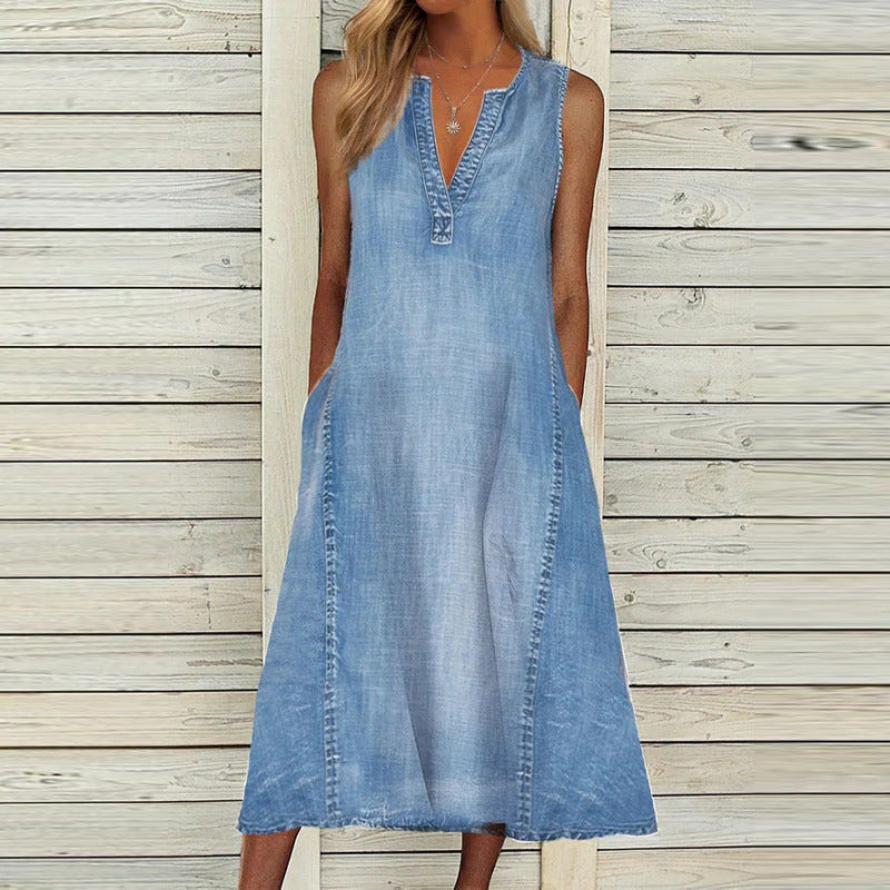 Women's Solid Color V-Neck Sleeveless Denim A-Line Dress