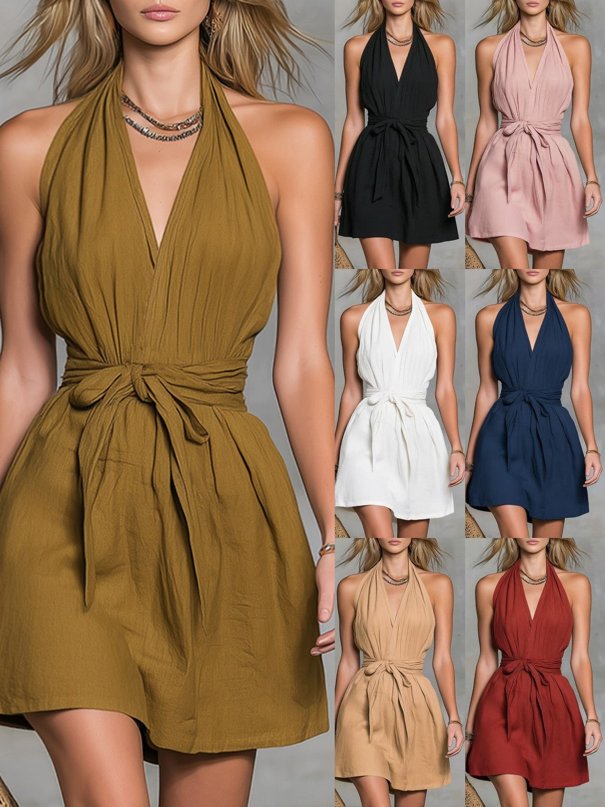 Women's Summer Casual Solid Color Neck V-Neck Mini Dress