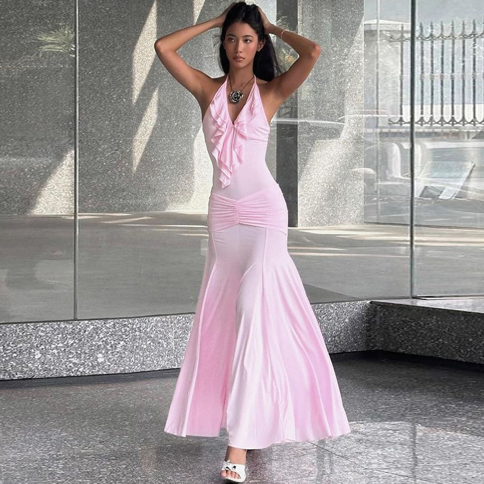 Women's Elegant Solid Color Ruffled Neck Backless Bodycon Maxi Dress