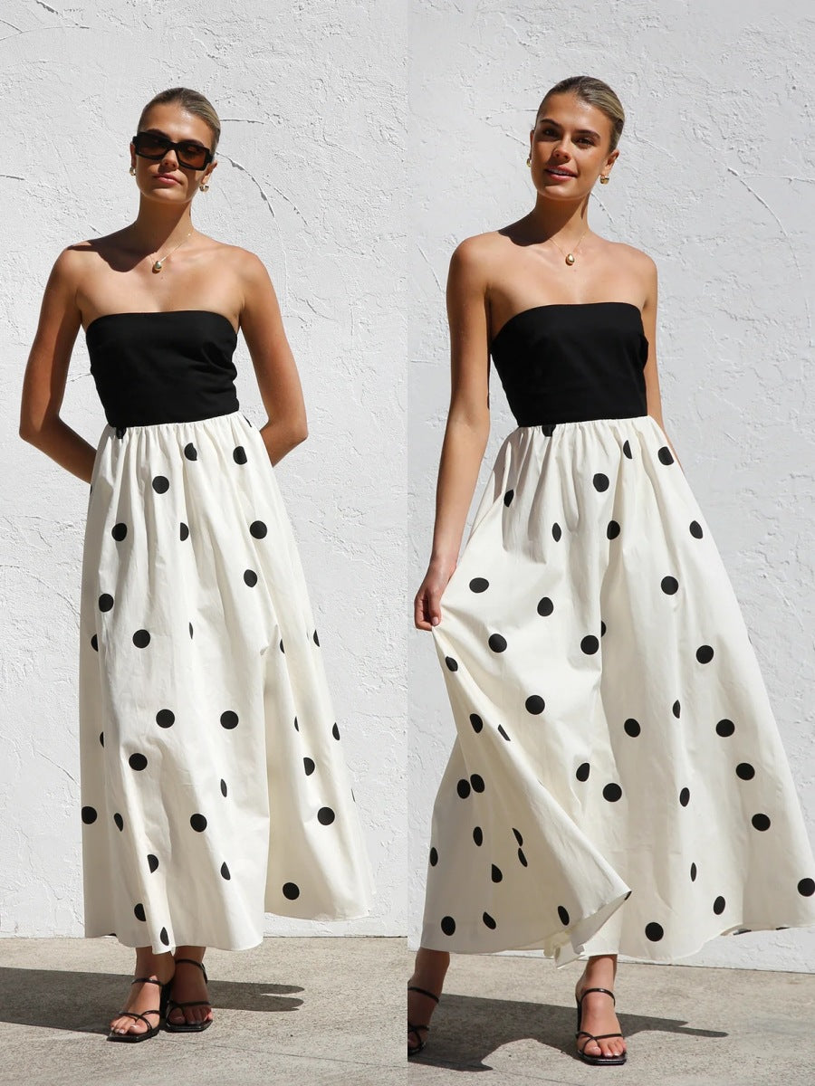 Women's Wave Dot Printing Stitching Tube Top Temperament Maxi Dress
