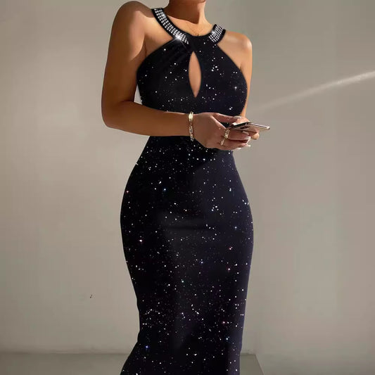 Sequin Flash Halter Neck Backless Mini Dress