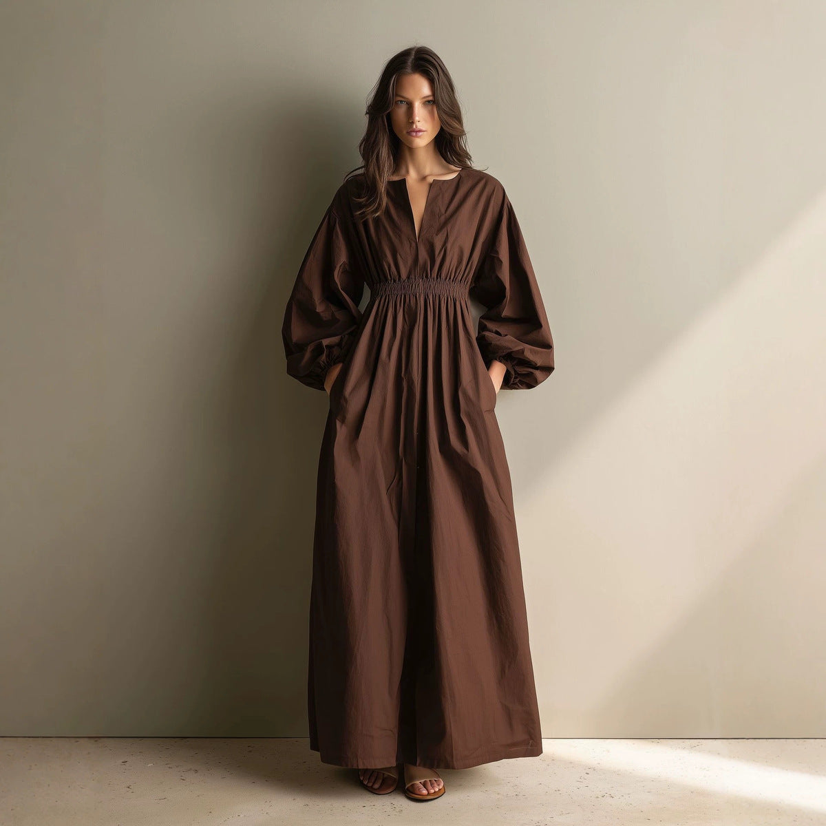 Women's Casual Solid Color V-Neck Long Sleeve Loose Dress
