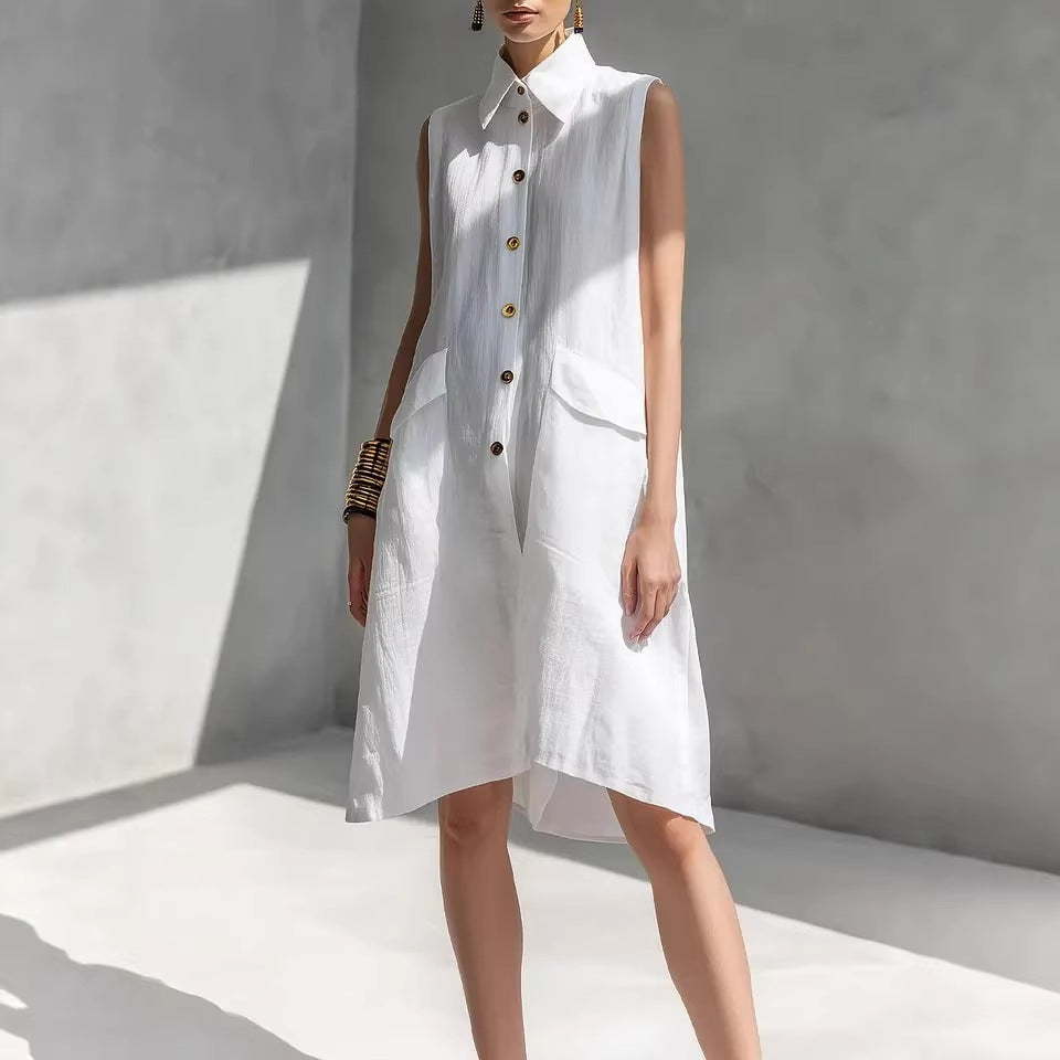 Women's Casual Cotton Linen Solid Color Lapel Sleeveless Loose Dress