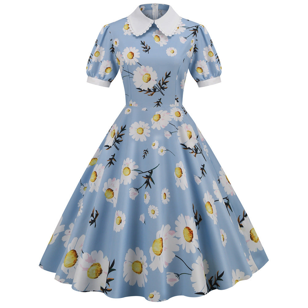 Women's Vintage Summer Floral Printed Short Sleeve Doll Collar Large Swing Dress