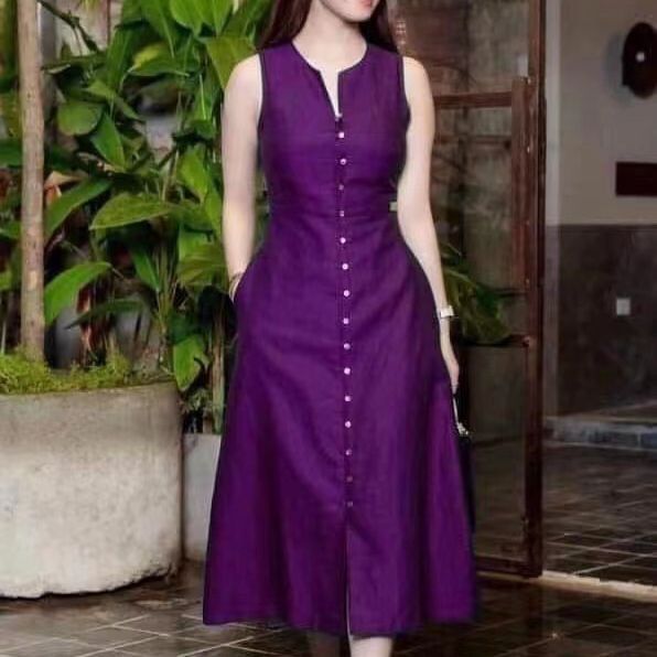 Women's Summer Casual Solid Color V-Neck Sleeveless Midi Dress
