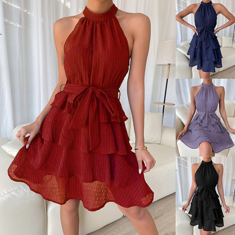 Women's Summer Solid Color Halter Neck Lace Sleeveless Ruffled Dress
