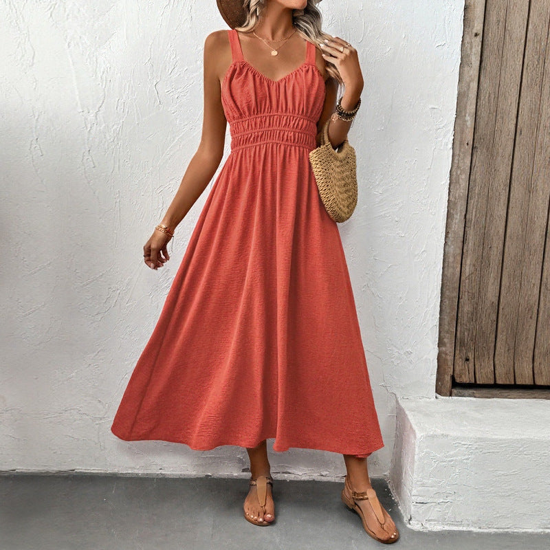 Women's Vacation Casual Summer Solid Color Sleeveless Strap Loose Pleated Dress
