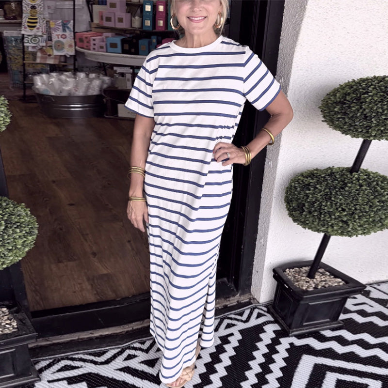 Women's Casual Side Pocket Stripe Round Neck Side-Slit Short Sleeve Maxi Dress