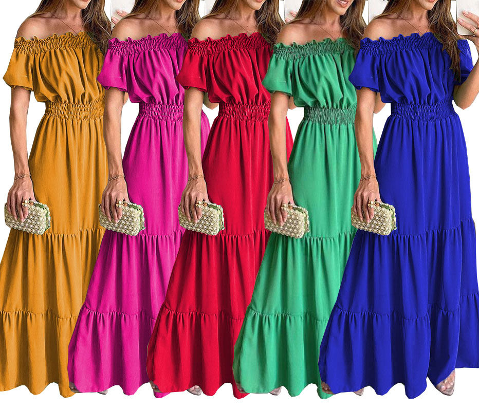 Women's Summer Vacation Casual Solid Color Off Shoulder Bubble Sleeve Maxi Dress