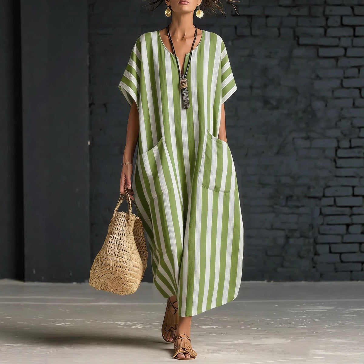 Women's Casual Stripe Print V-Neck Short Sleeve Pockets Loose Dress