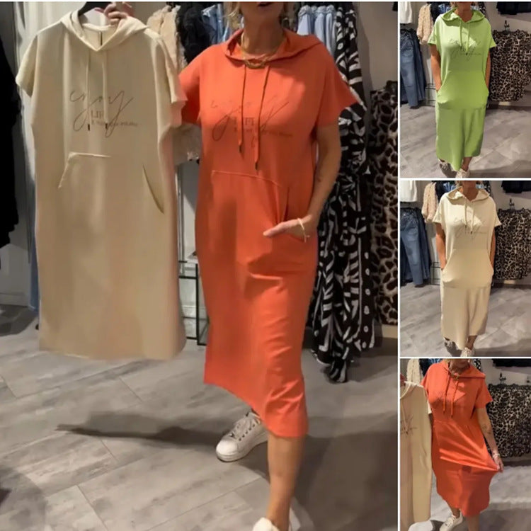 Women's Casual Plus Size Solid Color Short Sleeve Pocket Hoodies Loose Dress