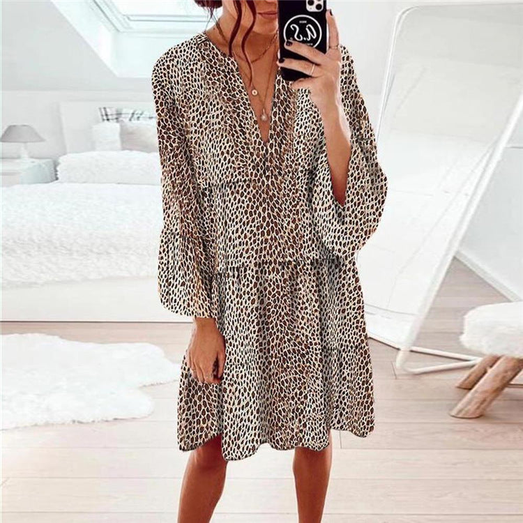 Women's Casual Leopard Print V-Neck Long Sleeve Loose Midi Dress