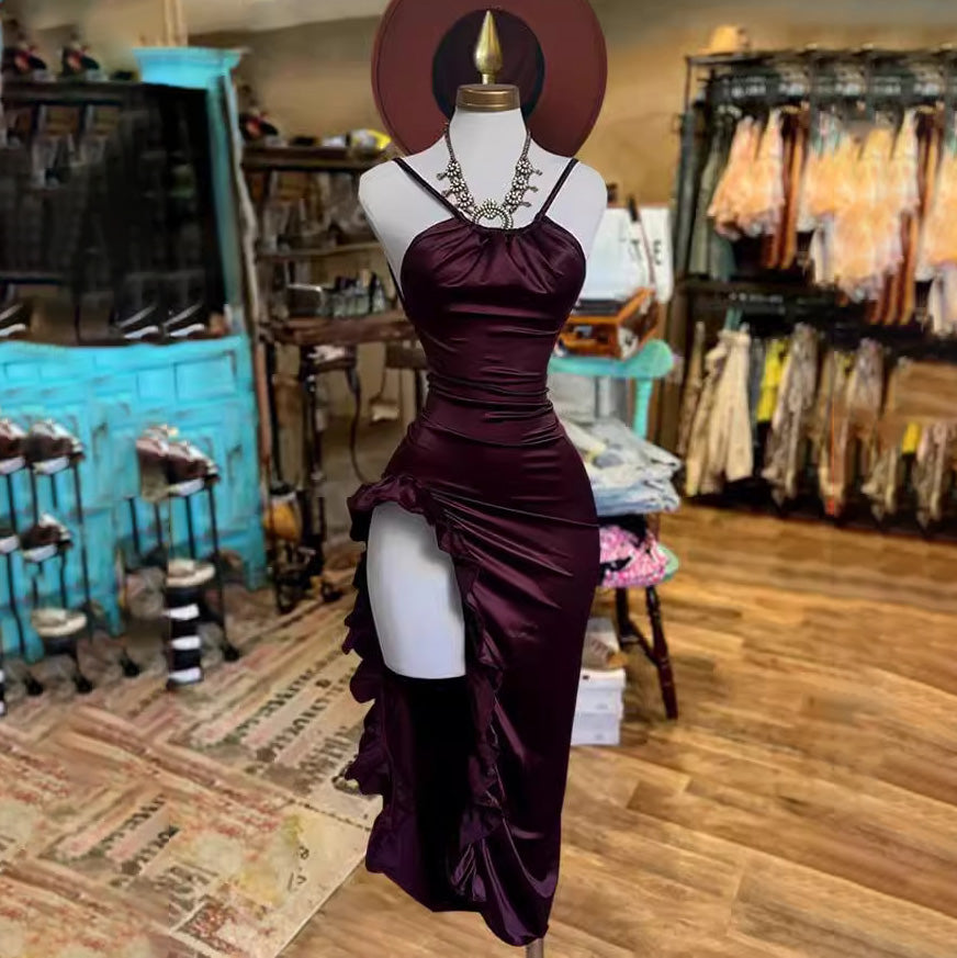Women's Sexy Western Irregular Solid Color Sleeveless Backless Split Dress