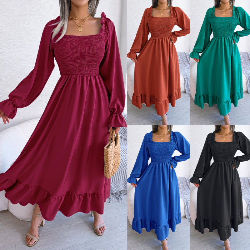 Women's Casual Square Collar Ruffled Maxi Dress
