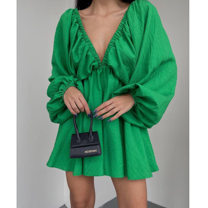 Women's Casual Solid Color V-Neck Long Sleeve Puff Sleeve Dress
