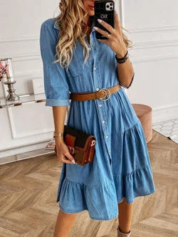 Women's Casual Classic Long Sleeve Pocket Single-Breasted Ruffled Denim Dress