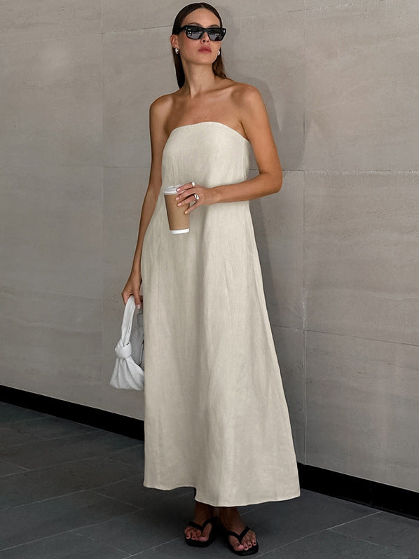 Women's Casual Strapless Cotton Linen Maxi Dress