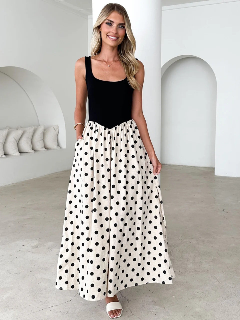 Women's Spring and Polka Dot Print U-Neck Sleeveless Large Swing A-Line Dress