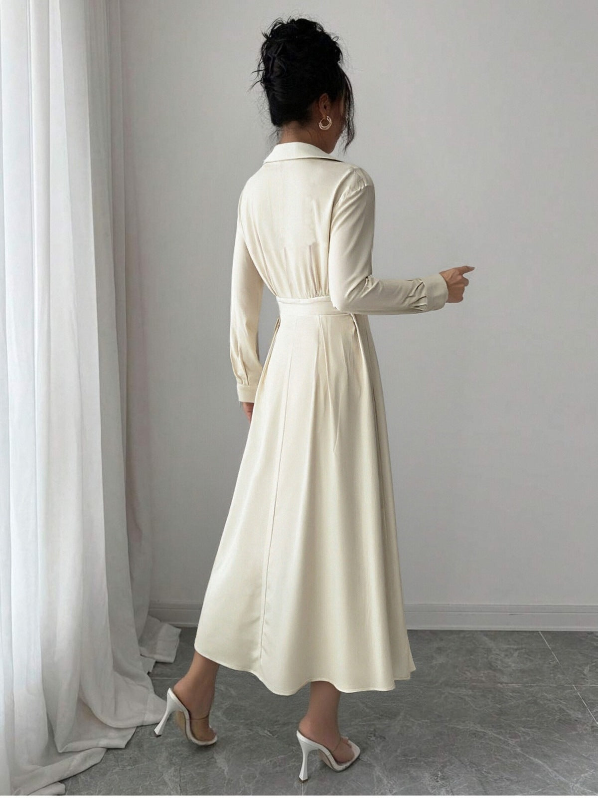 Women's Causal Print Lapel Long Sleeve Loose Dress