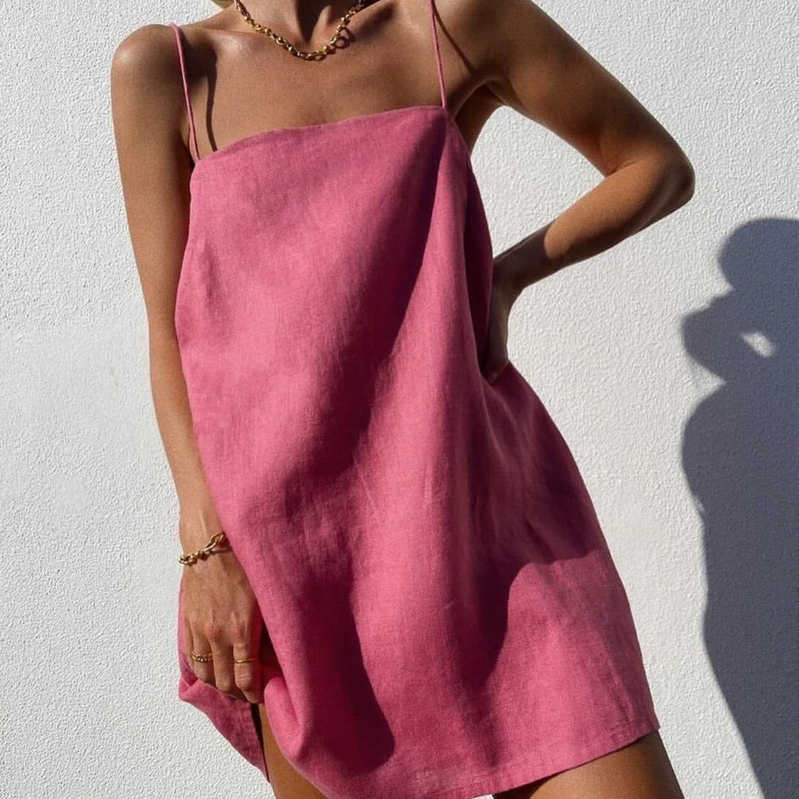 Women's Casual Cotton Linen Sling Dress Short Skirt