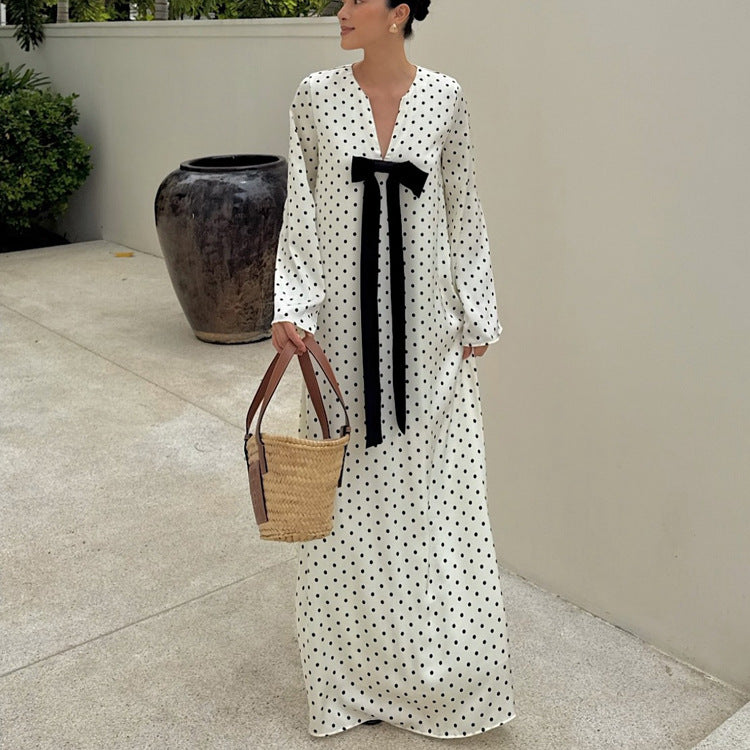 Women's Casual Spring Polka Dot Bowknot V-Neck Long Sleeve Loose Dress