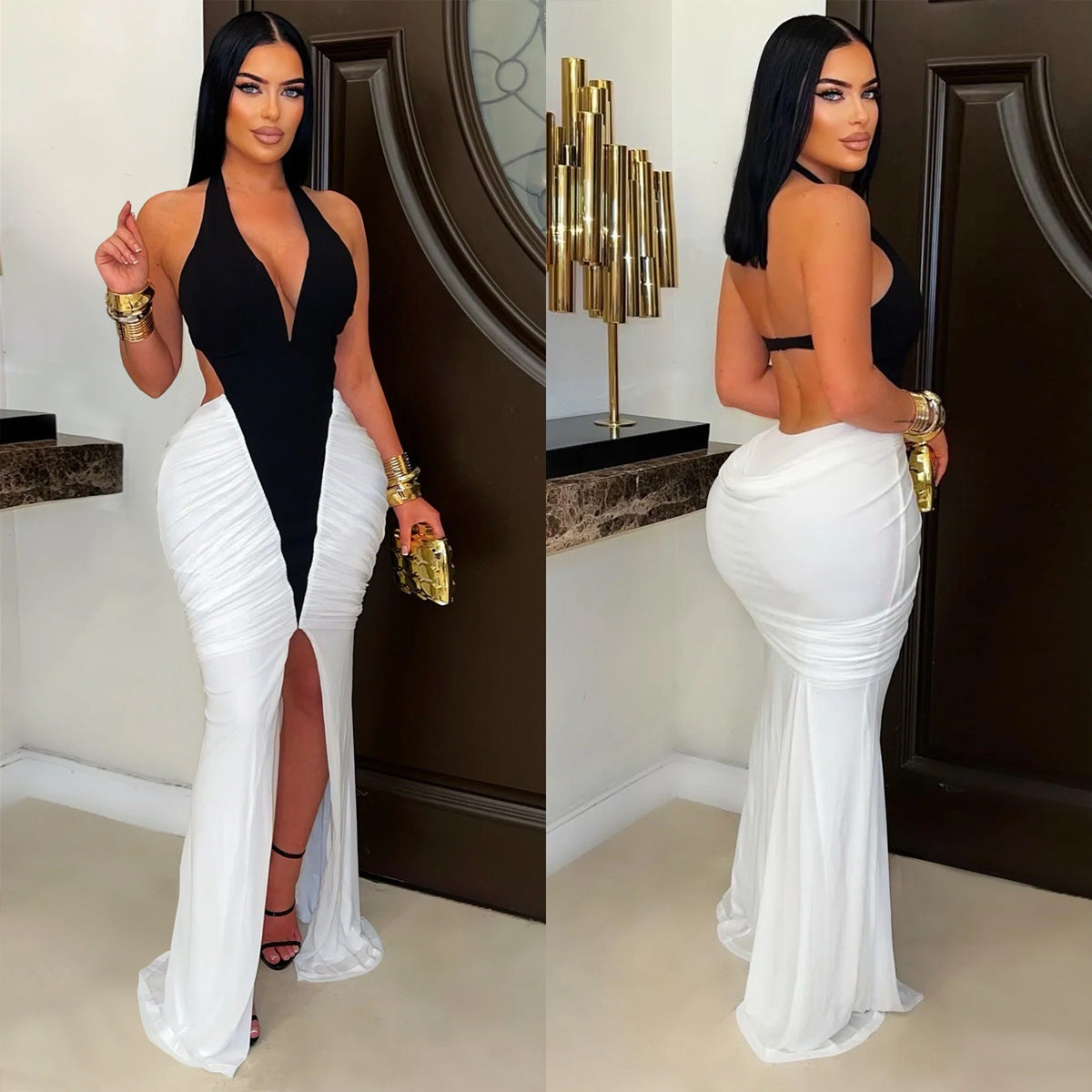 Women's Sexy Color Block V-Neck Halter-Neck Split Backless Dress