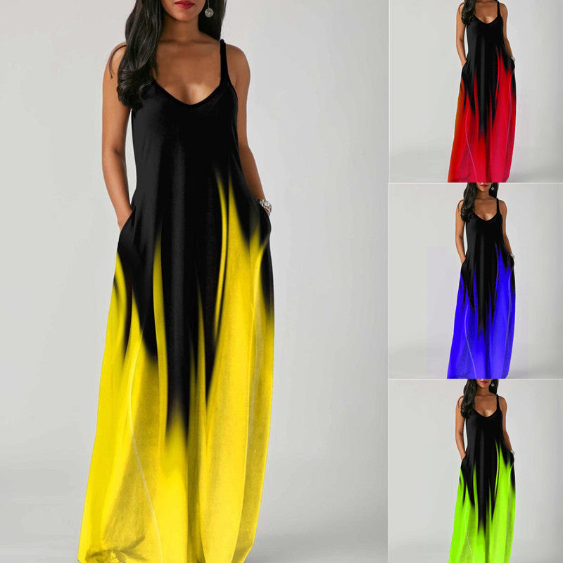 Women's Summer Plus Size Gradient Color Print Deep V-Neck Sleeveless Loose Dress