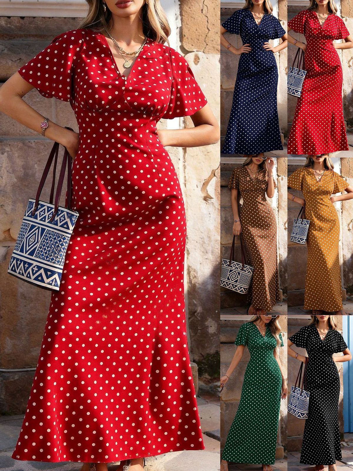 Women's Casual Polka Dot Print V-Neck Short Sleeve Slim Fit Dress