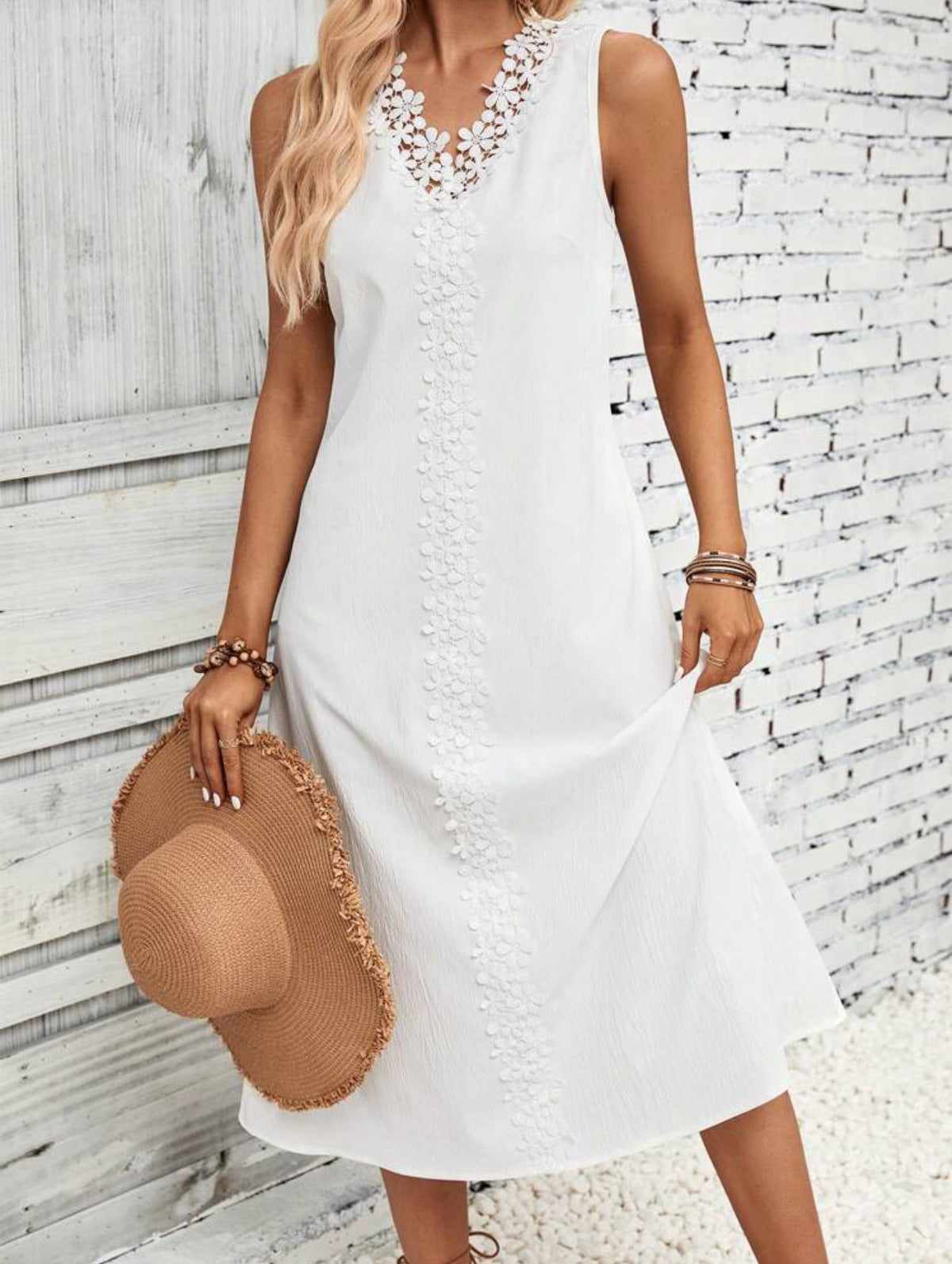 Women's Casual Summer Boho Vacation Solid Color Lace Stitching Sleeveless Dress