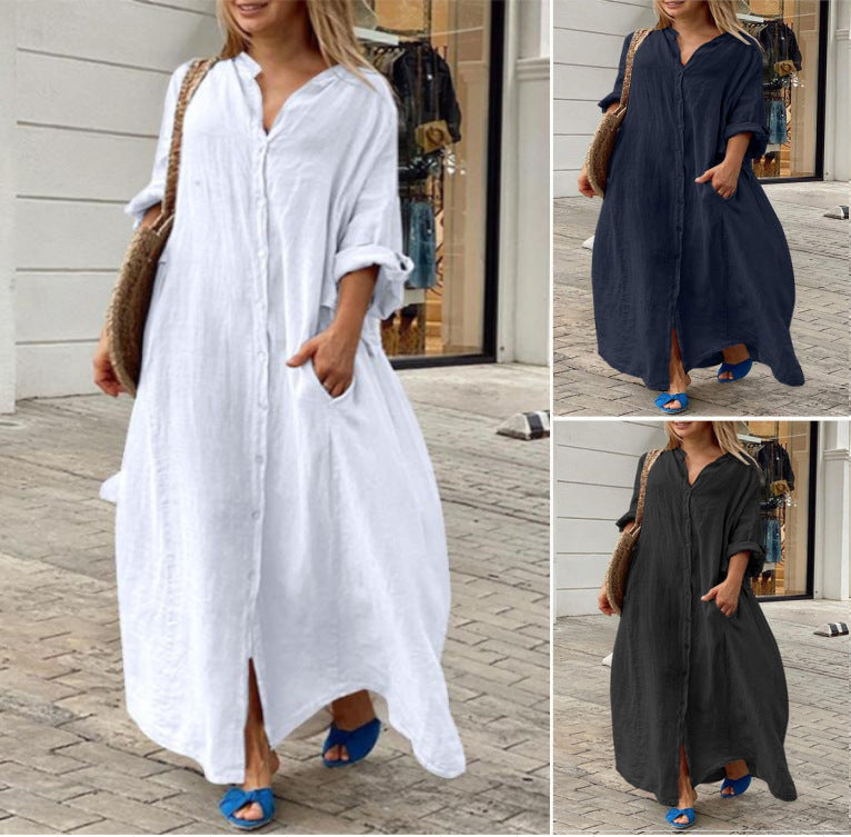Women's Casual Cotton Linen Solid Color Pocket Shirt Maxi Dress