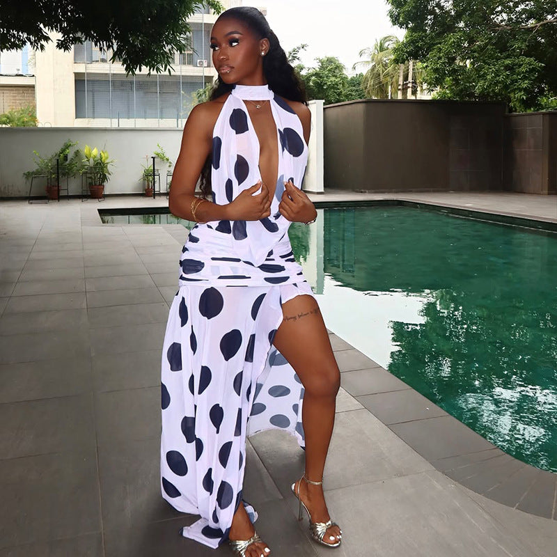 Women's Sexy Polka Dot Printed Hanging Neck Cut-Out Irregular Maxi Dress