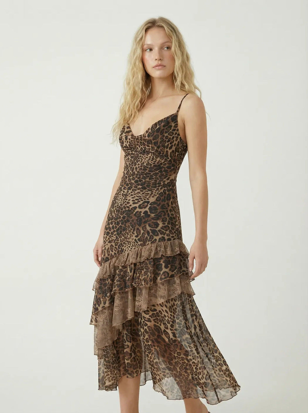 Women's Summer Leopard Mesh Perspective Ruffled Spaghetti Strap Backless Dress