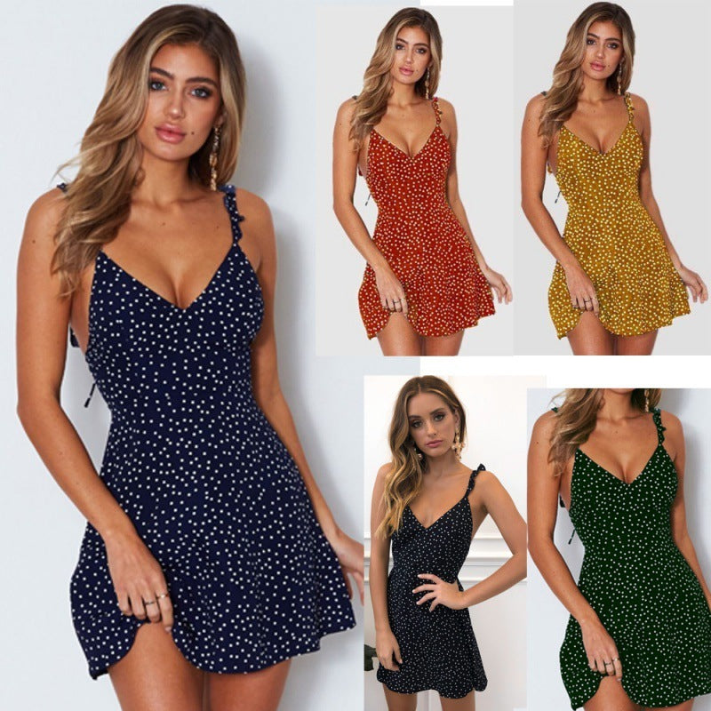 Women's Sexy Vacation Polka Dot Print Spaghetti Strap Backless Dress