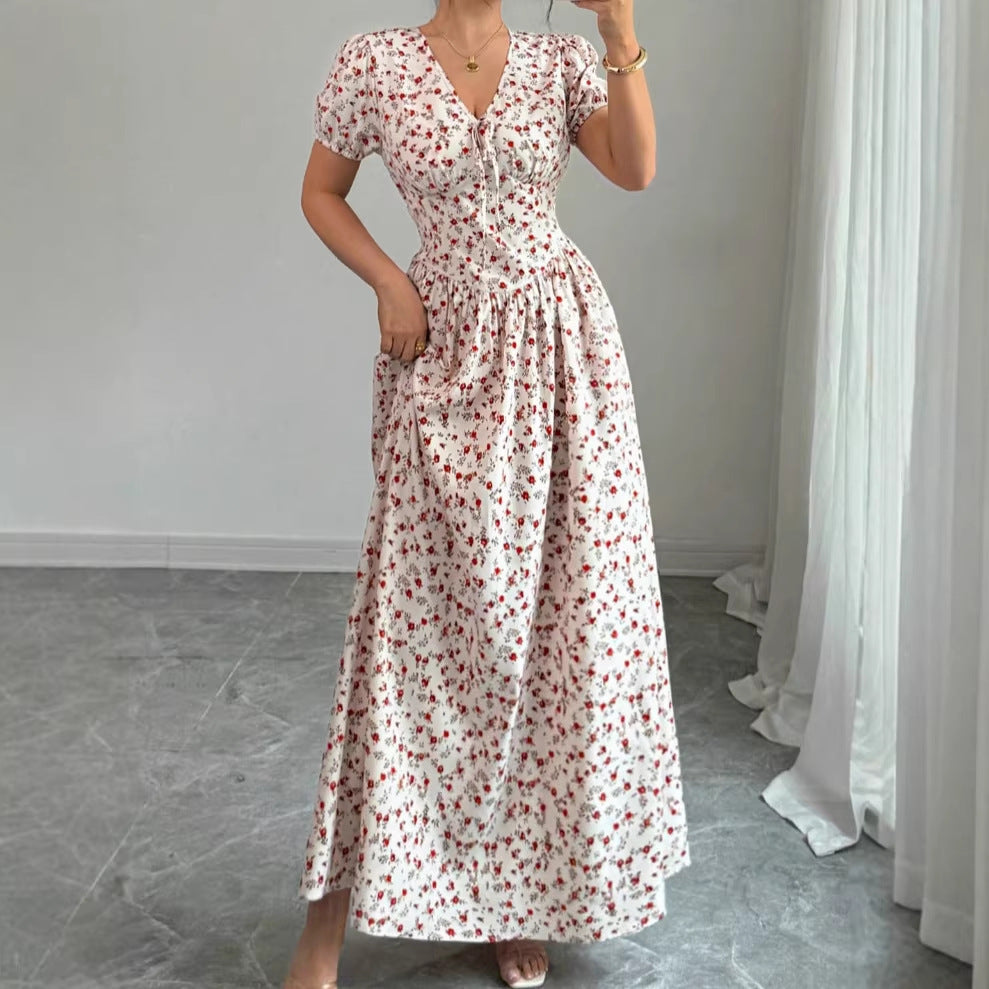 Women's Casual Summer Flower Printed V-Neck Short Sleeve A-Line Dress
