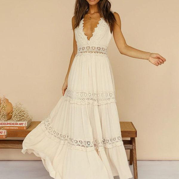 Women's Casual Solid Color Lace V-Neck Sleeveless Backless Loose Dress