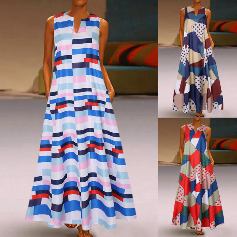 Women's Boho V-Neck Sleeveless Retro Print Color Block Stitching Maxi Dress