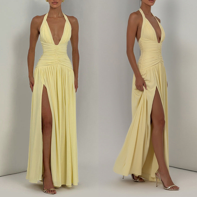Women's Summer Solid Color V-Neck Halter-Neck Pleated Split Fit A-Line Dress
